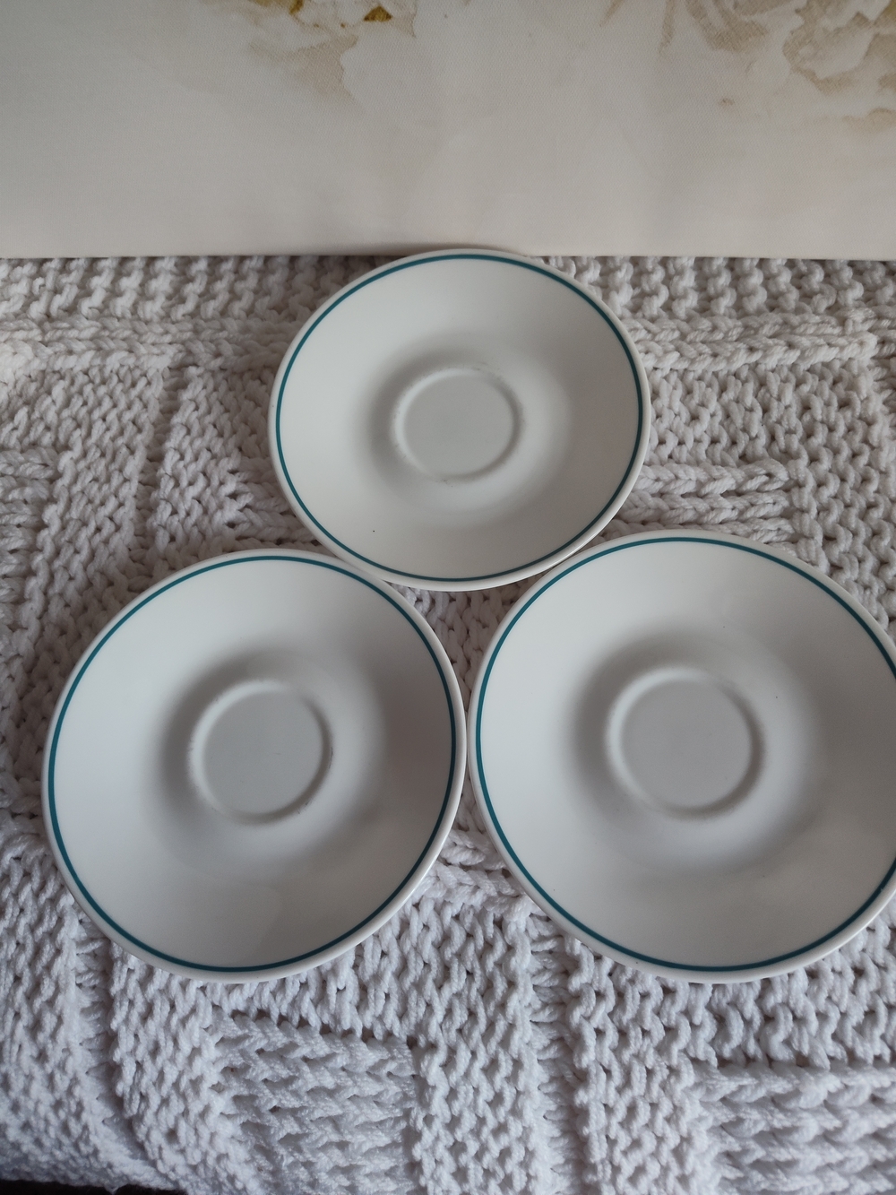Vintage Corelle Blue Heather Saucers with Teal Rim - Set of 3